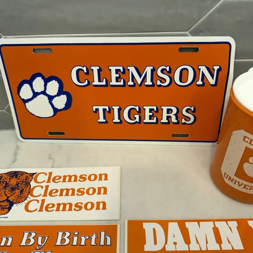 Vintage Clemson Tigers Fan Lot License Plate Bumper Sticker Travel Mug Sippy Cup